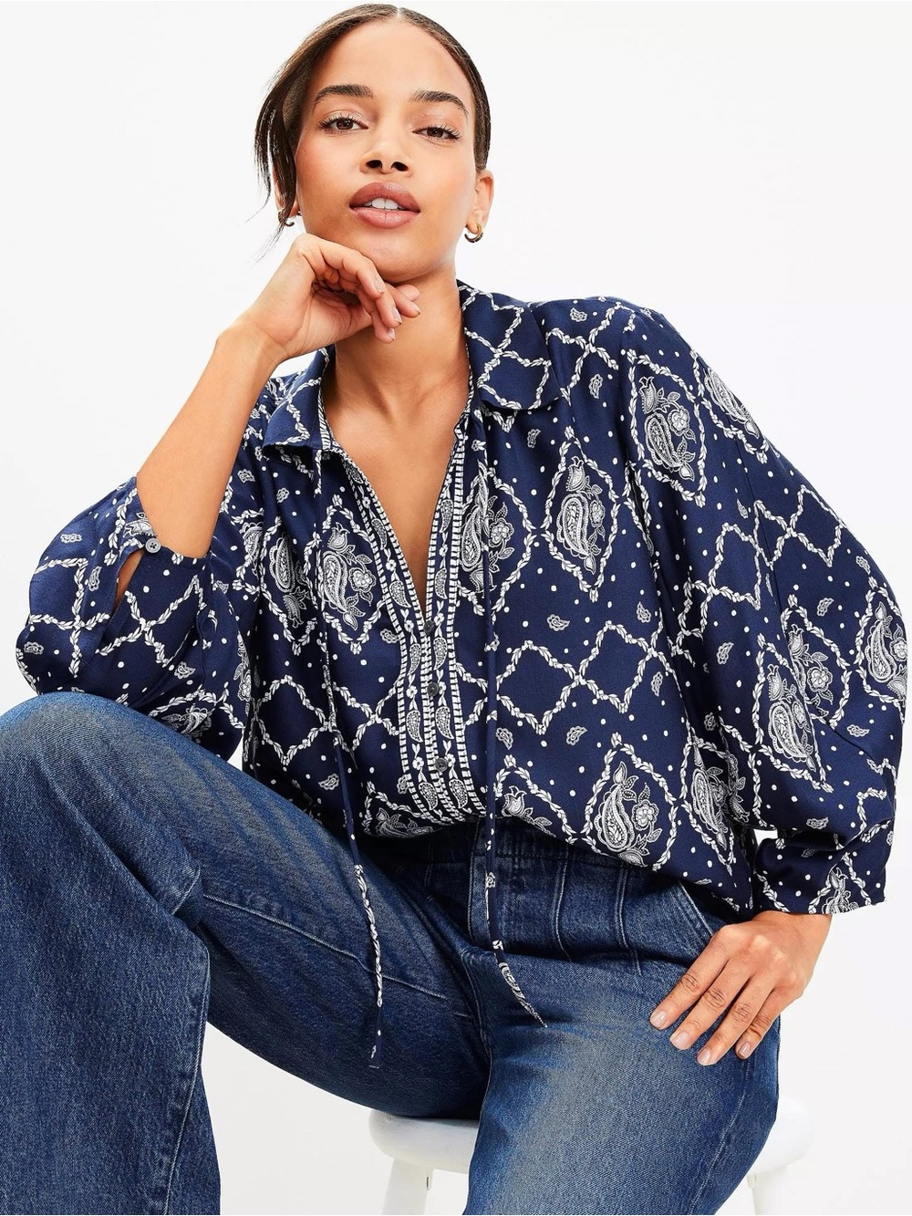 LOFT Navy and White Paisley Drawstring Tunic